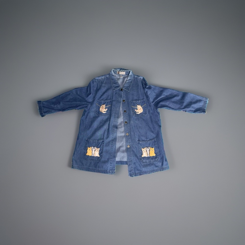 Vintage Passion Denim Cat Chore Jacket Shirt Embroidered Kittens Sz XL Cotton
